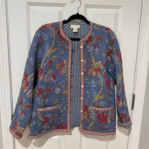 Reversible Blue Floral Quilted Button Jacket with Pockets - Size‎ Large - Picture 1 of 8